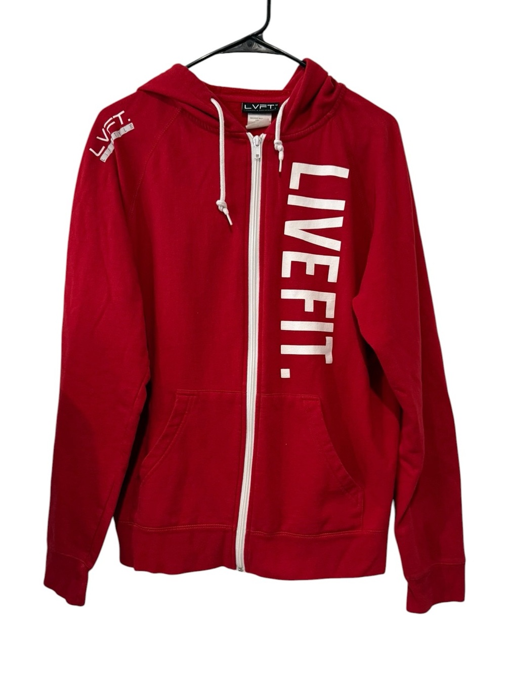 LVFT Live Fit Red Full Zip Fleece Hoodie Sweatshirt Graphic Logo Cotton Blend